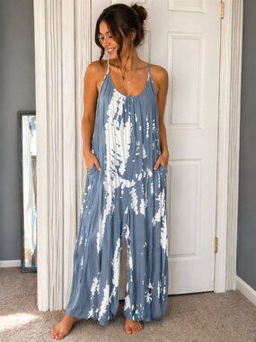 Dusty Blue Tie Dye Wide Leg Jumpsuit, Flowy Lounge Romper, Oversized Boho Outfit